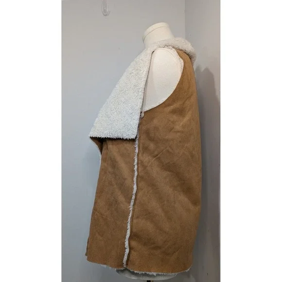 Brown Suede Sherpa Lined Vest Women's Open‎ Front Drape Collar Cozy - Picture 2 of 6